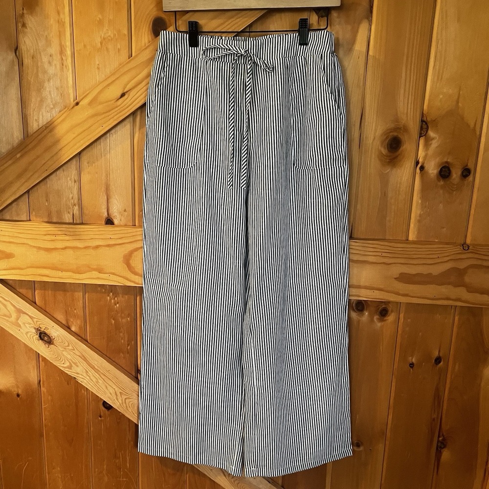 Women's Large Black White Striped Wide Leg Pants Partial Elastic‎ Waist Pockets